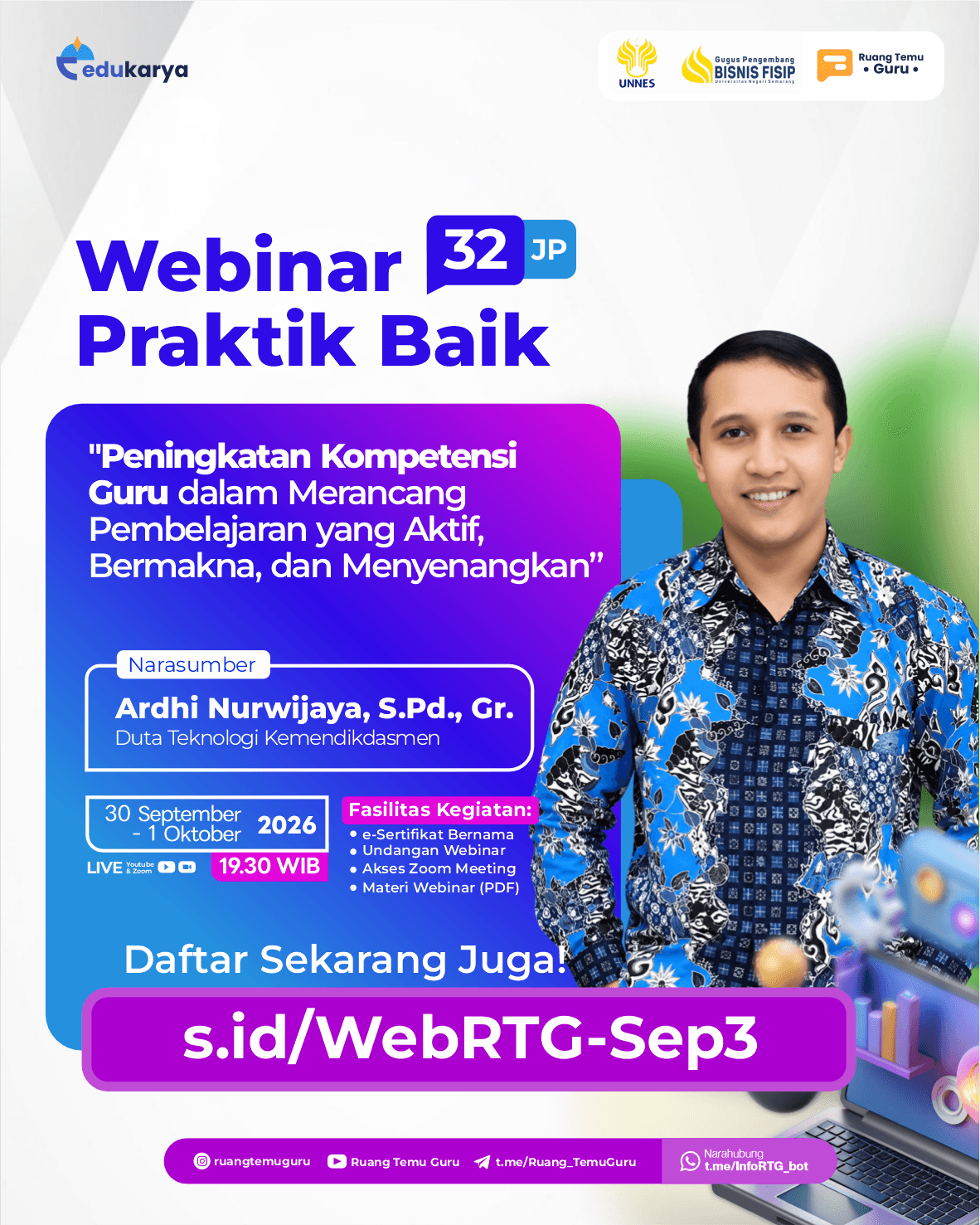 Webinar 32JP: Peningkatan Kompetensi Guru dalam Merancang Pembelajaran yang Aktif, Bermakna, dan Menyenangkan